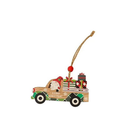 Casă și camping - Decoratiune de Craciun din Lemn, Flippy, cu Snur pentru Agatare in Brad, Model Masina lui Mos Craciun, Scris Merry Christmas, 8x8x0.4 cm, Multicolor