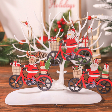 Decoratiune de Craciun din Lemn, Flippy, cu Snur pentru Agatare in Brad, Model Om de Zapada pe Bicicleta, 10.3x11.5x0.5 cm, Multicolor [4]