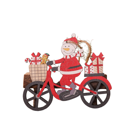 Casă și camping - Decoratiune de Craciun din Lemn, Flippy, cu Snur pentru Agatare in Brad, Model Om de Zapada pe Bicicleta, 10.3x11.5x0.5 cm, Multicolor