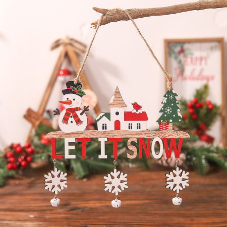 Decoratiune de Craciun din Lemn, Flippy, cu Snur pentru Agatare in Brad, Model Om de Zapada, Scris Let It Snow, 21.9x19 cm, Multicolor [2]
