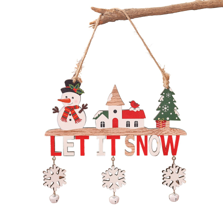 Casă și camping - Decoratiune de Craciun din Lemn, Flippy, cu Snur pentru Agatare in Brad, Model Om de Zapada, Scris Let It Snow, 21.9x19 cm, Multicolor