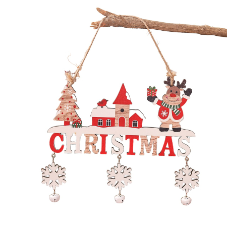 Casă și camping - Decoratiune de Craciun din Lemn, Flippy, cu Snur pentru Agatare in Brad, Model Ren, Scris Let It Snow, 21.9x19 cm, Multicolor