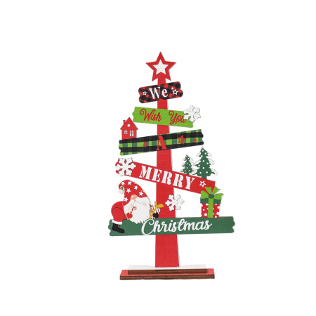 Casă și camping - Decoratiune de Craciun din Lemn, Flippy, pentru Masa, Model Bradut, Scris We Wish You A Merry Christmas, 21.5x12.2x4 cm, Multicolor