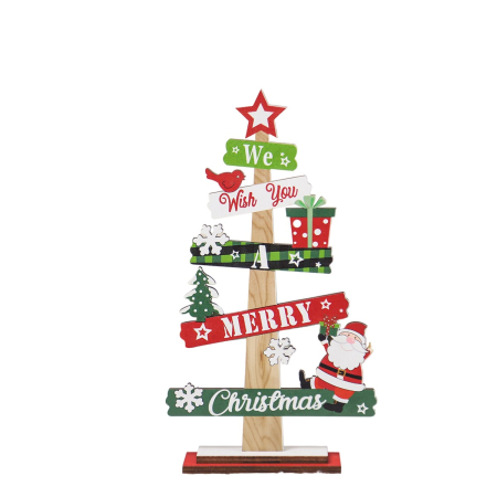 Casă și camping - Decoratiune de Craciun din Lemn, Flippy, pentru Masa, Scris We Wish You A Merry Christmas, Model Bradut, 21.5x12.2x4 cm, Multicolor