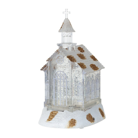 Casă și camping - Decoratiune de Craciun, Flippy, Model Bisericuta Transparenta cu Sclipici, Iluminare LED si Efect Zapada, 22 x 13 x 11.5 cm, Alb Transparent