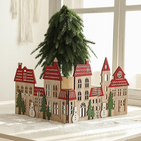 Decoratiune de Craciun, Flippy, Model Orasel de Craciun pentru Brad, in stil European, Pliabil din Lemn, 57 x 20 cm, Maro Natur Rosu [5]