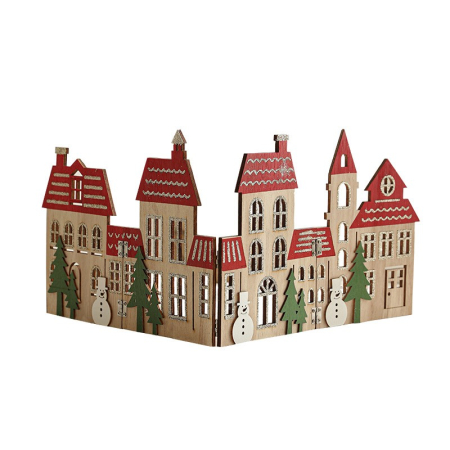 Casă și camping - Decoratiune de Craciun, Flippy, Model Orasel de Craciun pentru Brad, in stil European, Pliabil din Lemn, 57 x 20 cm, Maro Natur Rosu