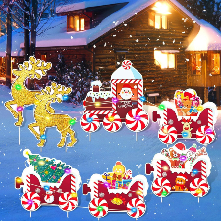 Decoratiune de Craciun, Flippy, pentru Gradina, Tip Trenulet, 7 Figurine + Bete de Infipt in Pamant, din Plastic, Impermeabil, Model Renii Joy si Noel, Multicolor [4]