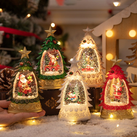 Decoratiune de Craciun tip Brad, Flippy, Glob de Cristal cu Fulgi de Zapada, Model Mos Craciun, Iluminare LED, 16 x 9 x 5 cm, Carcasa Vintage Rosu, Transparent [2]