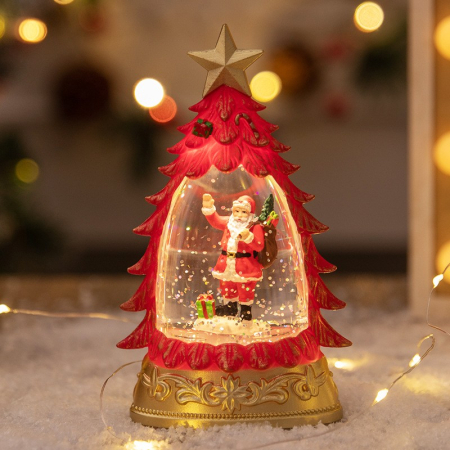 Decoratiune de Craciun tip Brad, Flippy, Glob de Cristal cu Fulgi de Zapada, Model Mos Craciun, Iluminare LED, 16 x 9 x 5 cm, Carcasa Vintage Rosu, Transparent [1]