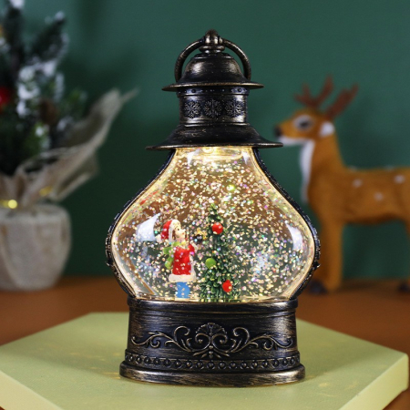 Decoratiune de Craciun tip Felinar, Flippy, Glob de Cristal cu Fulgi de Zapada, Model Elf, Ornamentat cu Luminite Interioare, 14.5 x 9 x 3 cm, Rama Neagra, Transparent [1]