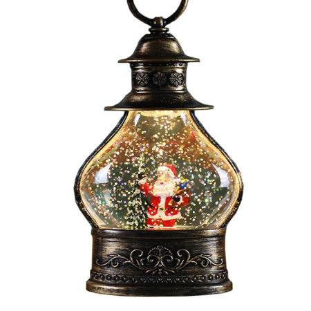 Casă și camping - Decoratiune de Craciun tip Felinar, Flippy, Glob de Cristal cu Fulgi de Zapada, Model Mos Craciun, Ornamentat cu Luminite Interioare, 14.5 x 9 x 3 cm, Rama Neagra, Transparent