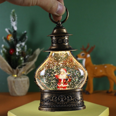 Decoratiune de Craciun tip Felinar, Flippy, Glob de Cristal cu Fulgi de Zapada, Model Mos Craciun, Ornamentat cu Luminite Interioare, 14.5 x 9 x 3 cm, Rama Neagra, Transparent [1]
