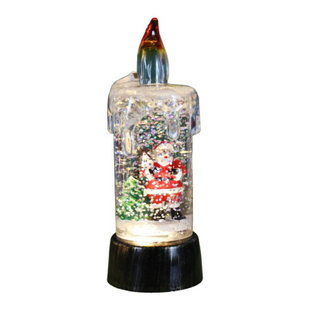 Casă și camping - Decoratiune de Craciun tip Lumanare, Flippy, Lumanare de Cristal cu Fulgi de Zapada, Model Mos Craciun cu Sclipici, Iluminare LED, 13 x 5 x 5 cm, Baza Vintage Bronze, Transparent