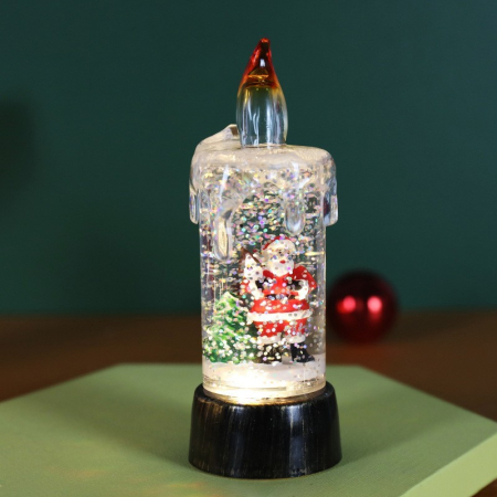 Decoratiune de Craciun tip Lumanare, Flippy, Lumanare de Cristal cu Fulgi de Zapada, Model Mos Craciun cu Sclipici, Iluminare LED, 13 x 5 x 5 cm, Baza Vintage Bronze, Transparent [1]