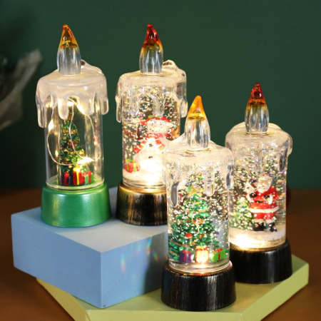 Decoratiune de Craciun tip Lumanare, Flippy, Lumanare de Cristal cu Fulgi de Zapada, Model Mos Craciun cu Sclipici, Iluminare LED, 13 x 5 x 5 cm, Baza Vintage Bronze, Transparent [2]