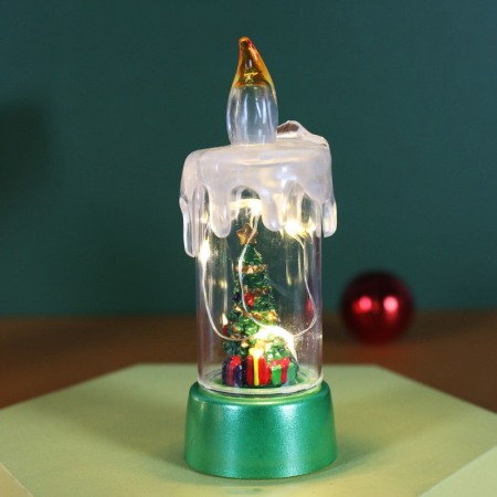 Decoratiune de Craciun tip Lumanare, Flippy, Lumanare de Cristal fara Fulgi de Zapada, Model Brad, Iluminare LED, 13 x 5 x 5 cm, Baza Verde, Transparent [1]