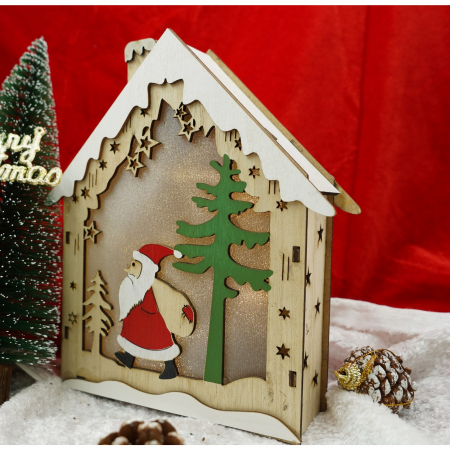 Decoratiune luminoasa, model de  Casa cu Mos Craciun, maro, lungime: 18 cm, latime: 21 cm, inaltime: 5 cm, lemn, interior/exterior [1]