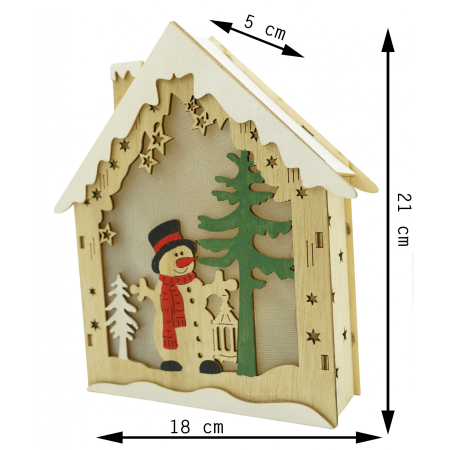 Decoratiune luminoasa, model de Casa cu Om de zapada, maro, lungime: 18 cm, latime: 5 cm, inaltime: 21 cm, lemn, interior/exterior [5]