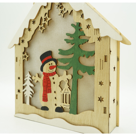 Decoratiune luminoasa, model de Casa cu Om de zapada, maro, lungime: 18 cm, latime: 5 cm, inaltime: 21 cm, lemn, interior/exterior [3]