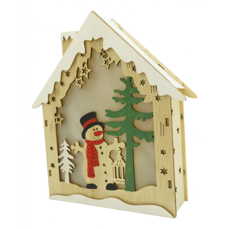 Casă și camping - Decoratiune luminoasa, model de Casa cu Om de zapada, maro, lungime: 18 cm, latime: 5 cm, inaltime: 21 cm, lemn, interior/exterior