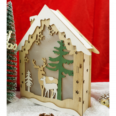 Decoratiune luminoasa, model de  Casa cu Reni, maro, lungime: 18 cm, latime: 5 cm, inaltime: 21 cm, lemn, interior/exterior [1]