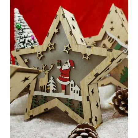 Decoratiune luminoasa, model de Stea cu Mos Craciun, maro, lungime: 18 cm, latime: 18 cm, inaltime: 4 cm, lemn, interior/exterior [3]