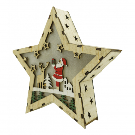 Decoratiune luminoasa, model de Stea cu Mos Craciun, maro, lungime: 18 cm, latime: 18 cm, inaltime: 4 cm, lemn, interior/exterior [0]