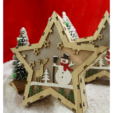 Decoratiune luminoasa, model de Stea cu Om de zapada, maro, lungime: 18 cm, latime: 18 cm, inaltime: 4 cm, lemn, interior/exterior [4]