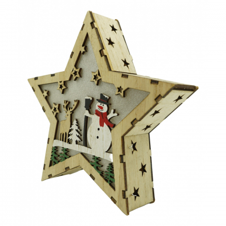 Pentru Casa si Camping - Decoratiune luminoasa, model de Stea cu Om de zapada, maro, lungime: 18 cm, latime: 18 cm, inaltime: 4 cm, lemn, interior/exterior