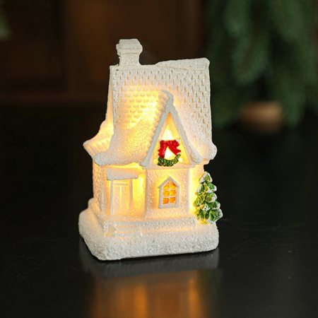 Casă și camping - Decoratiune Ornament de Craciun, Flippy, Casuta de Craciun din Rasina, Model Casa Mica Iluminata din Interior, 8.5 x 5 x 4 cm, Alb