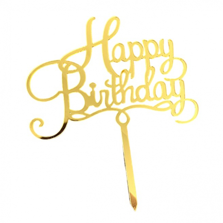 Articole petrecere - Decoratiune Topper pentru Tort, Flippy, Model Happy Birthday, Tematica Aniversare, 10 cm, Auriu