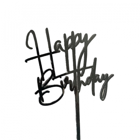 Articole petrecere - Decoratiune Topper pentru Tort, Flippy, Model Happy Birthday, Tematica Aniversare, 10 cm, Negru