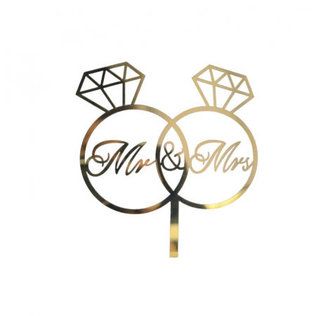 Accesorii Petrecere - Lichidare Decoratiune Topper pentru Tort, Flippy, Model Inele Mr&Mrs, Tematica Nunta, 10 cm, Auriu
