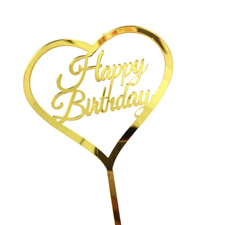 Sub 99 Lei - Decoratiune Topper pentru Tort, Flippy, Model Inimioara Scris Happy Birthday, Tematica Aniversare, Auriu
