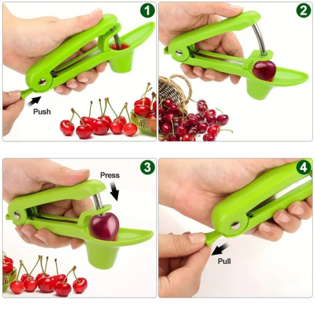 Dispozitiv de Scos Samburi, Flippy, Manual, cu 1 Gaura, pentru Cirese/Masline, 20.5 x 3.8 x 13 cm, din ABS+Otel Inoxidabil, cu Maner, Verde [2]