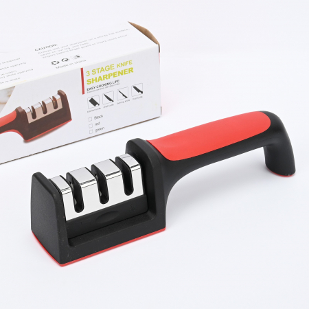 Dispozitiv pentru ascutit cutite Flippy, cu 3 pozitii, rosu/negru, material inox si ABS, 21.5x5x6 cm [3]