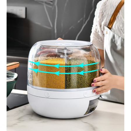 Dozator de cereale Flippy, rotativ 360, 6 compartimente, capacitate 3 L, rezistent la umezeala, inchidere etansa, alb [1]