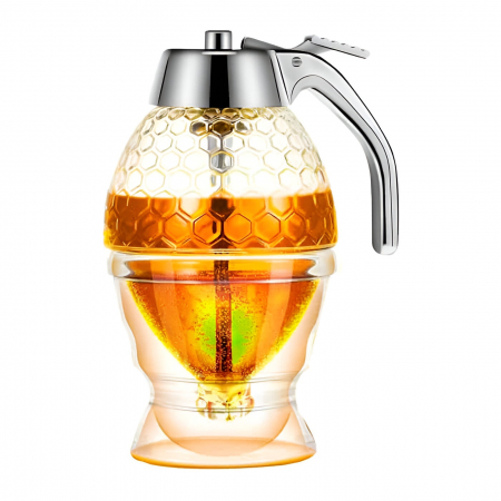 Pentru Casa si Camping - Dozator de Miere, Flippy, Dispenser fara Picurare, Borcan Tip Fagure, fara Scurgeri, pentru Zahar si Sirop, 15x8 cm, Transparent