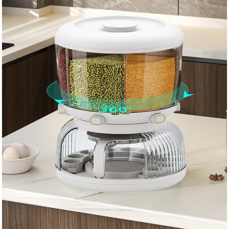 Dozator etajat de cereale Flippy, rotativ 360, 6 compartimente, capacitate 10L, cofrag special pentru oua, vas pentru scurgerea cerealelor, 35x27.5 cm, alb [3]