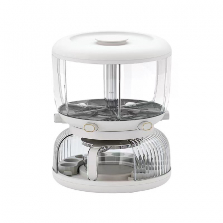 Pentru Casa si Camping - Dozator etajat de cereale Flippy, rotativ 360, 6 compartimente, capacitate 10L, cofrag special pentru oua, vas pentru scurgerea cerealelor, 35x27.5 cm, alb
