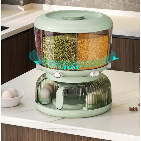 Dozator Etajat de Cereale Flippy, Rotativ 360, 6 Compartimente, Capacitate 10L, Cofraj Special pentru Oua, Vas pentru Scurgerea Cerealelor, 35x27.5 cm, Verde [3]