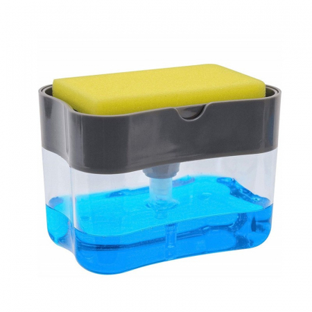 Ustensile de bucatarie - Dozator Flippy, Dispenser 2 in 1 pentru Detergent Lichid de Vase sau pentru Obiecte Sanitare cu Suport pentru Burete de Bucatarie ,14 x 10.5 x 10 cm, capacitate 380 ml, gri