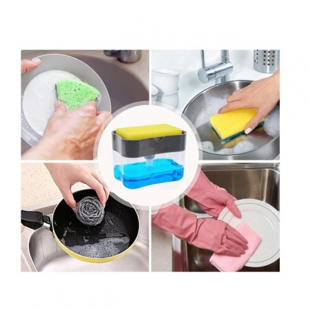 Dozator Flippy, Dispenser 2 in 1 pentru Detergent Lichid de Vase sau pentru Obiecte Sanitare cu Suport pentru Burete de Bucatarie ,14 x 10.5 x 10 cm, capacitate 380 ml, gri [2]
