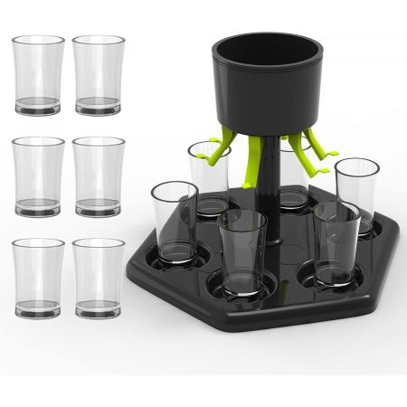 Dozator Hexagonal cu Suport pentru Shoturi, Flippy, 6 Pahare, Set Complet cu Ambalaj si Cutie, Dispenser, Divizor, Joc de Baut, Negru [8]