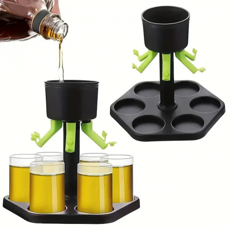 Jucarii, Copii & Bebe - Dozator Hexagonal cu Suport pentru Shoturi, Flippy, 6 Pahare, Set Complet cu Ambalaj si Cutie, Dispenser, Divizor, Joc de Baut, Negru