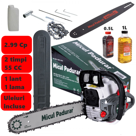 Drujba pe benzina Micul Padurar 5200 gri, 55 CC, 2.99 Cp, lama 40 cm + Ulei Amestec + Ulei Ungere Lant [0]