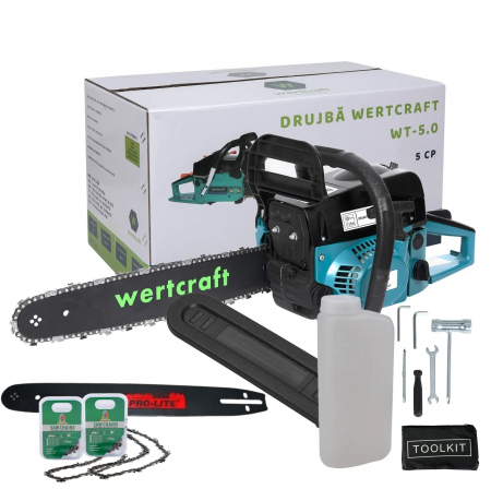 Gradina - Drujba pe benzina Wertcraft, 5 CP, 52 CC, 2 timpi, 2 x lama 40 cm, 2 x lant, demaror Easy Start, aprindere electronica