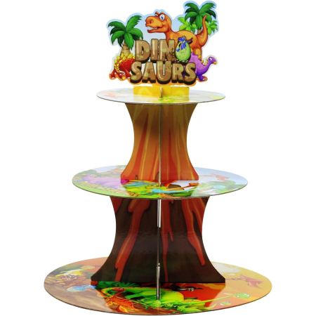 Etajera pentru Prajituri, Flippy, din Carton, 3 Nivele, 16/22/29 cm Diametru, Inaltime 38 cm, Tema Dinozauri, Multicolor [3]