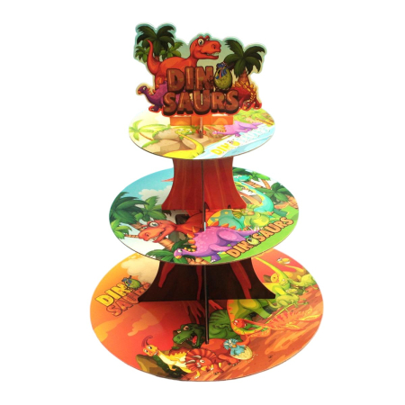 Bucătărie și electrocasnice - Etajera pentru Prajituri, Flippy, din Carton, 3 Nivele, 16/22/29 cm Diametru, Inaltime 38 cm, Tema Dinozauri, Multicolor